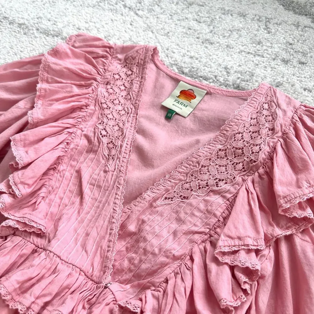 Farm Rio Blush Pink Puff Sleeve V-Neck Cropped Bohemian Blouse Size XS